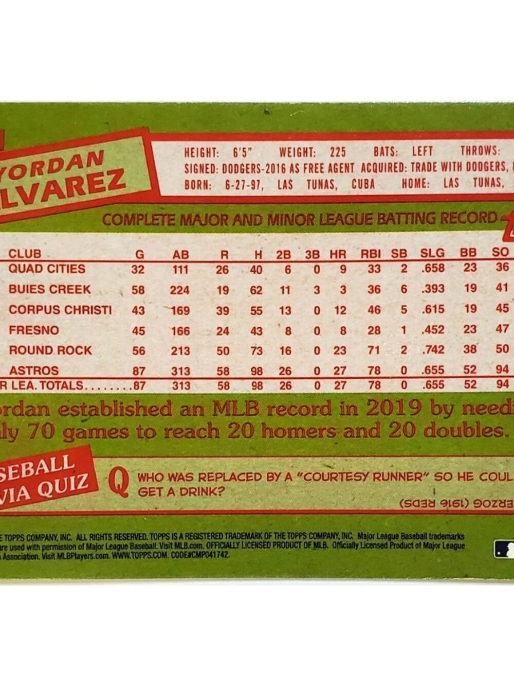 YORDAN ALVAREZ ROOKIE "1985" SILVER PACK MOJO REFRACTOR 2020 TOPPS #CPC-1 ASTROS - Picture 2 of 3